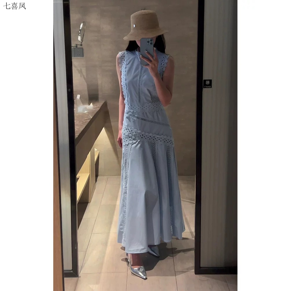 夏季新款时尚韩版蓝色拼接连衣裙无袖高腰长裙女装漂亮独特通勤纯