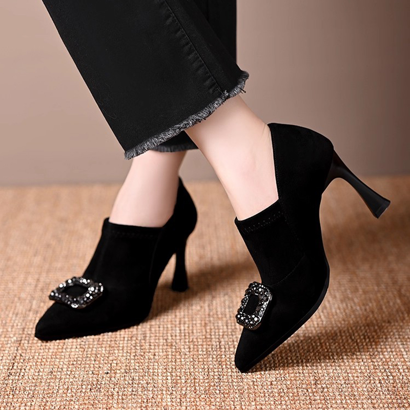 水钻方扣深口单鞋不累脚高跟职业优雅女鞋黑色尖头绒面弹力及裸靴