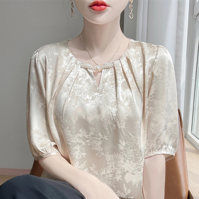 国风新中式真丝短袖女款爆款2025新款半袖打底衫气质提花褶皱上衣