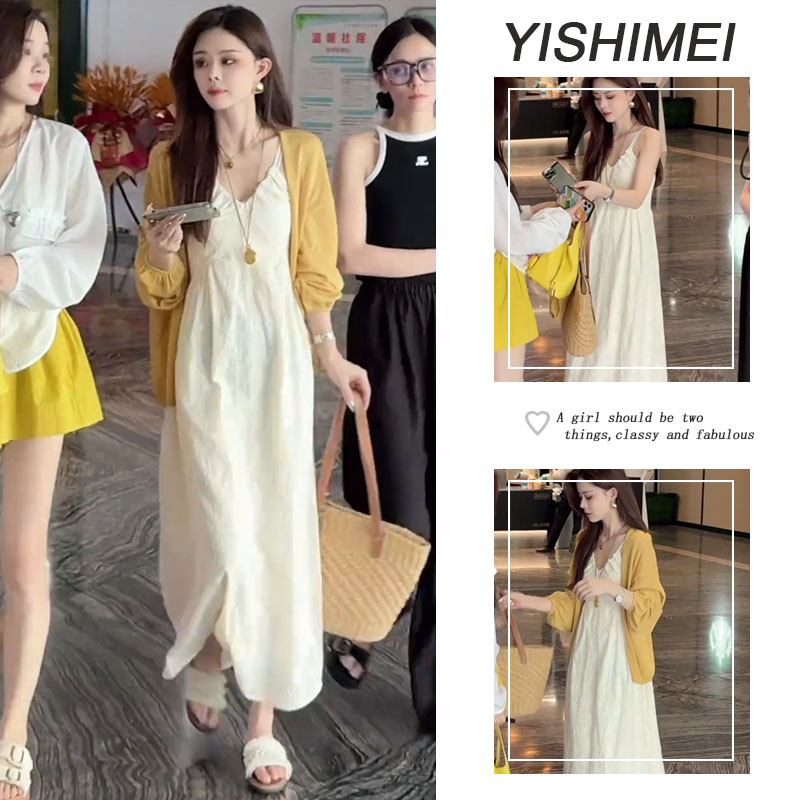 夏季温柔穿搭度假风针织防晒开衫v领收腰显瘦吊带连衣长裙两件套