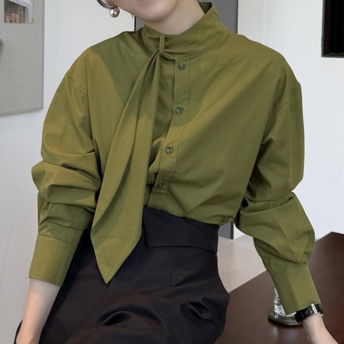 设计感立领飘带气质单排扣长袖衬衫女春秋季时尚宽松洋气上衣衬衣
