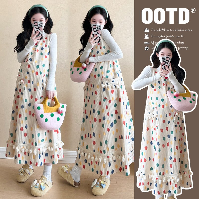 孕妇秋装连衣裙套装2025新款秋冬季彩色波点背带裙针织毛衣两件套
