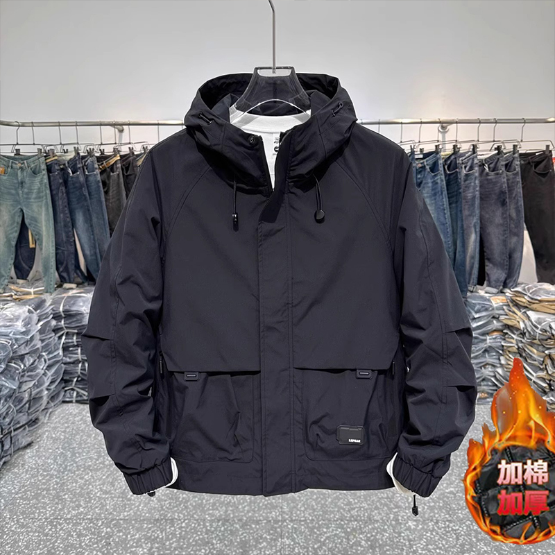 高级感加棉加厚外套男2025春秋冬新款休闲冲锋衣连帽夹克上衣服潮