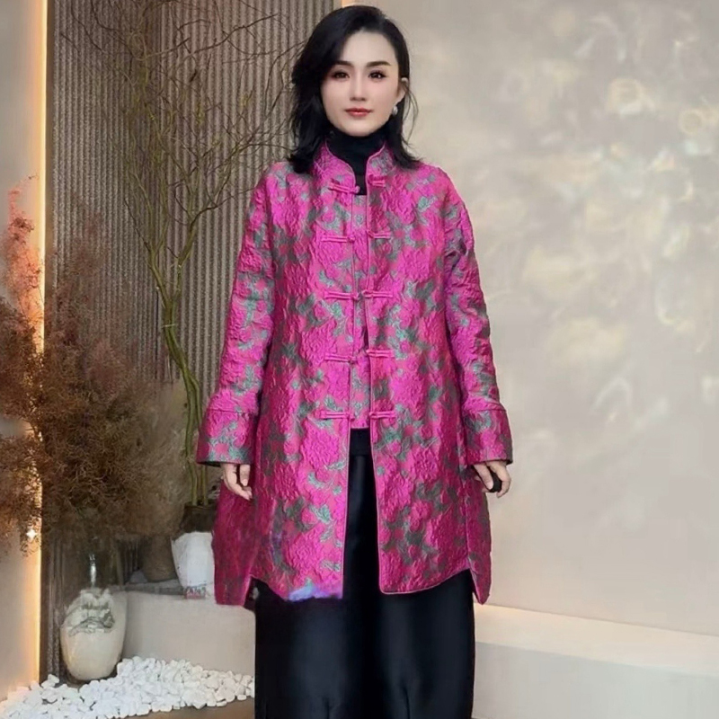 秋冬气质阔太太高端大气国风盘扣中长款唐装风衣外套宽松提花大衣