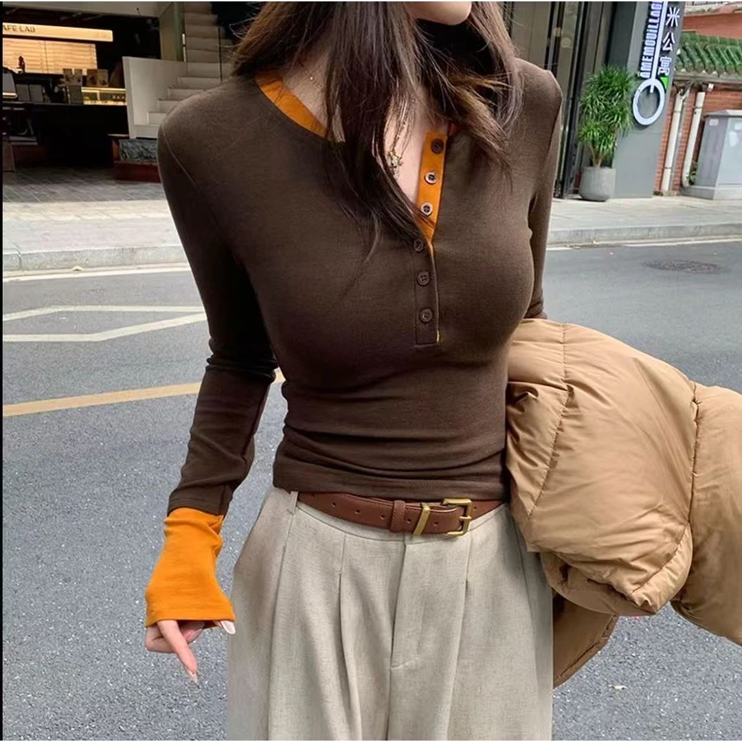 【茶芙巷】撞色假两件独特别致内搭打底衫女T恤显瘦辣妹上衣【YJL】