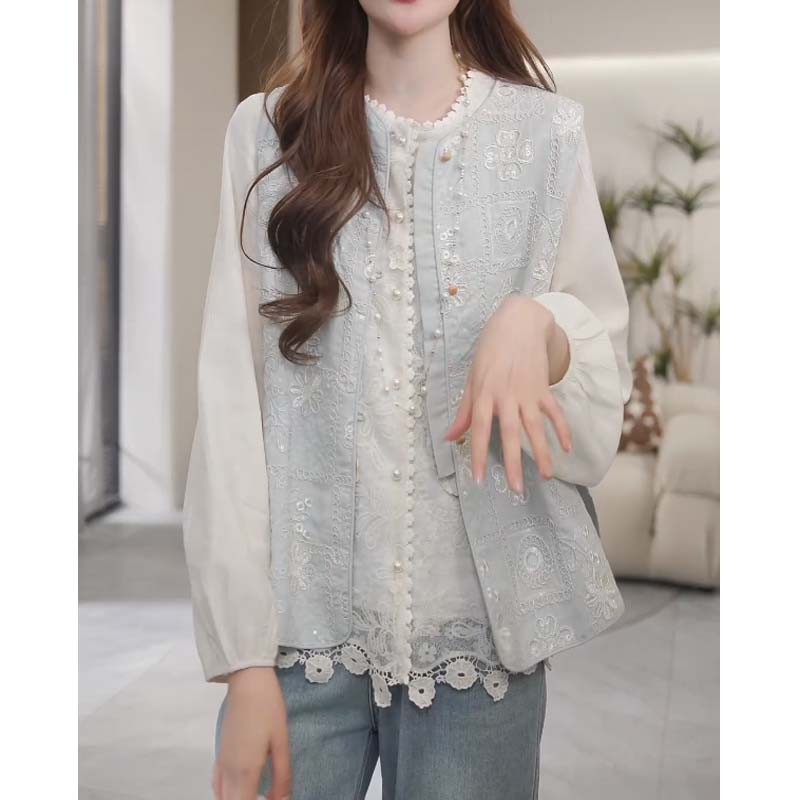 欧式重工蕾丝刺绣马甲套装女2025春季新款洋气衬衫马甲两件套装女