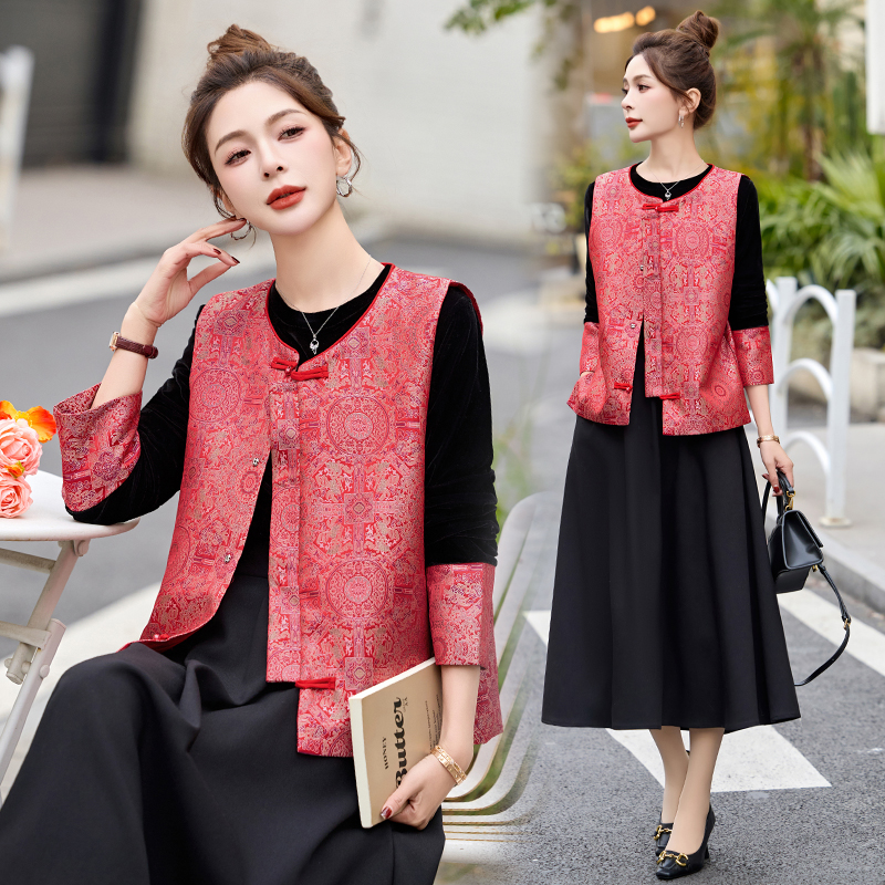 新中式国风提花马甲套装女2025春季新款高级感丝绒短款上衣两件套
