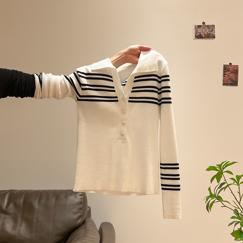 撞色条纹Polo领针织打底衫女秋冬新款高级感修身显瘦软糯上衣