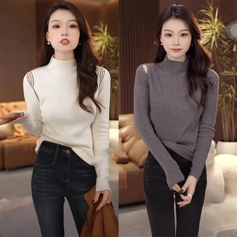 时尚半高领烫钻镶边肩漏洞针织衫秋装新款显瘦内搭打底衫长袖上衣