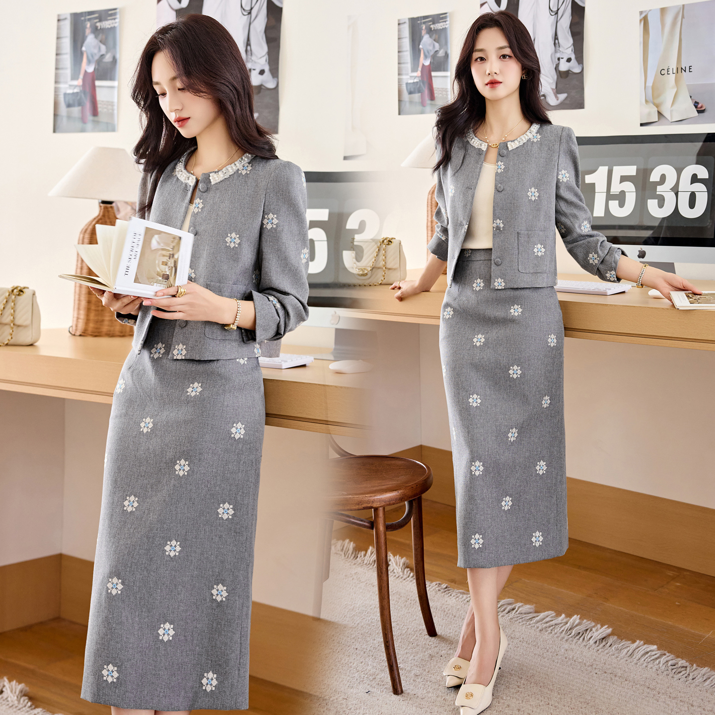 法式小香风刺绣套装裙女2025春秋新款高级感名媛气质半身裙两件套