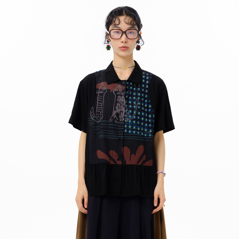 MOVEUP幻走2025夏季新款.FUN 趣味印花收褶短款衬衫女325220436