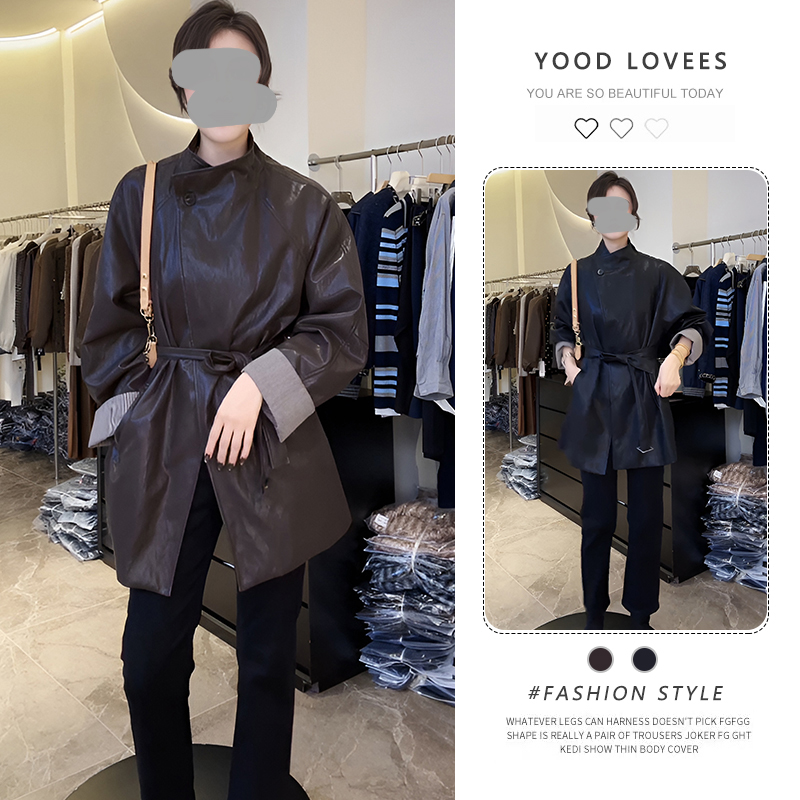 甜酷时髦立领格纹拼接皮衣绑带外套女2026春秋季新款气质减龄风衣