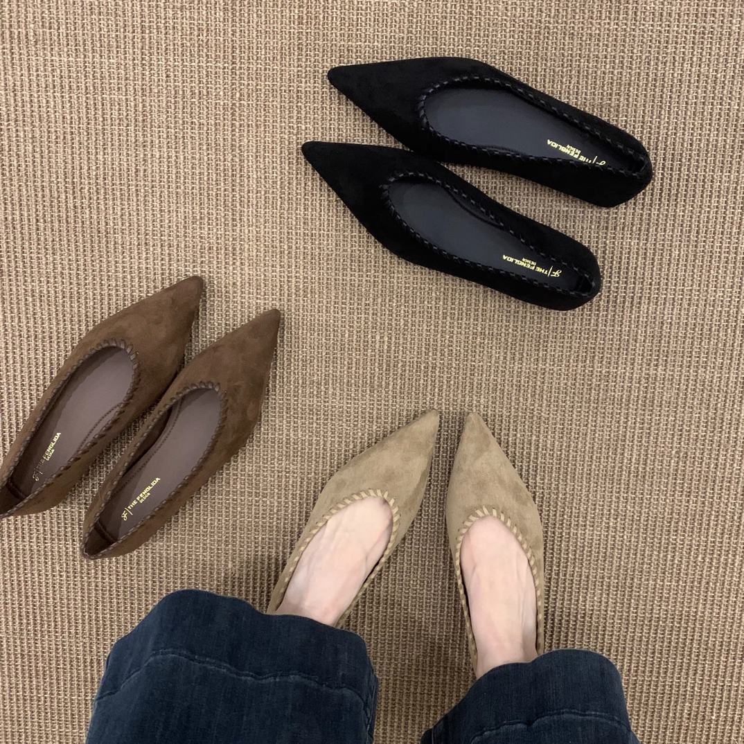 巨好穿~法式绒面尖头内增高单鞋女2025秋冬新款浅口一脚蹬瓢鞋女