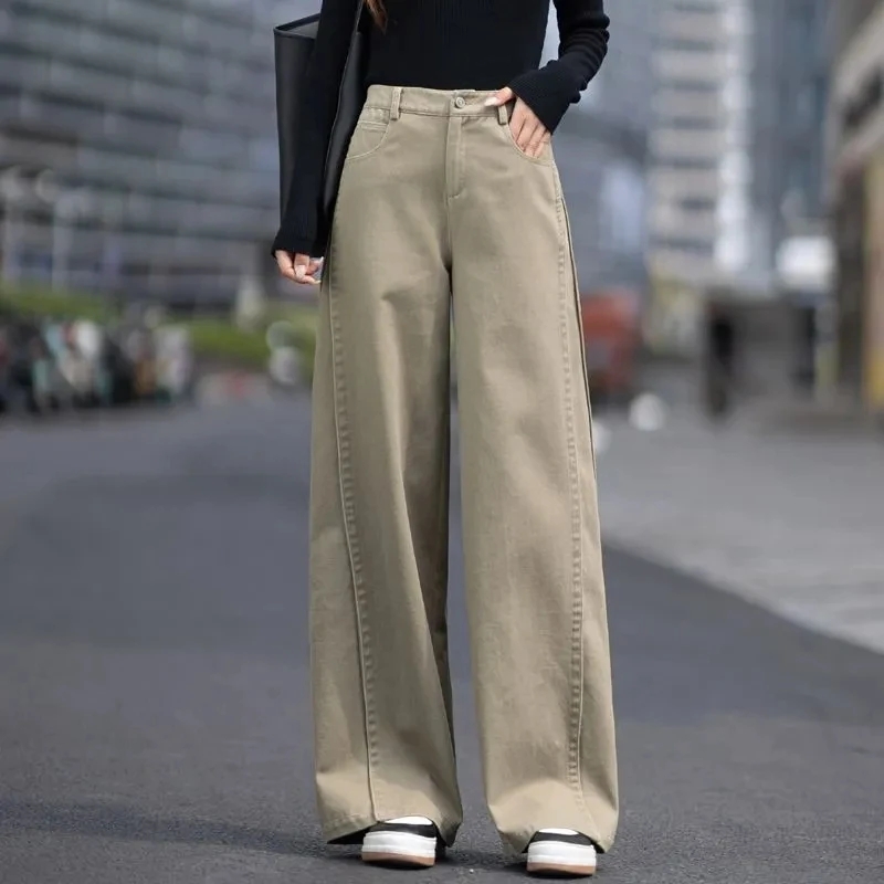 卡其色阔腿裤子加绒牛仔裤女2026新款高腰宽松显瘦冬季小个子直筒