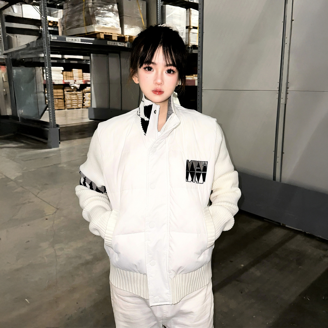 美式个性时髦毛织拼接潮牌休闲修身棉服冬季新款保暖时尚棉袄外套