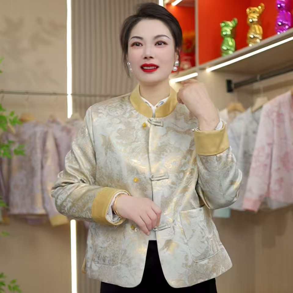 国风中式立领时时尚提花厚款国潮风盘扣短款