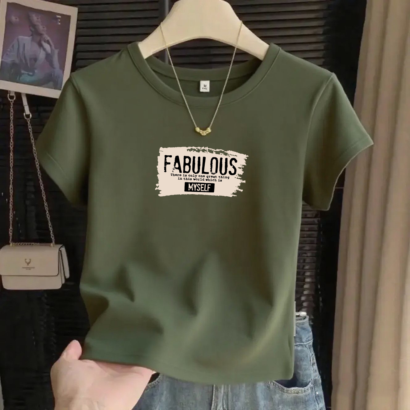 基础款圆领军绿搭工装裤棉质显瘦修身透气弹力女T恤复古军绿女士