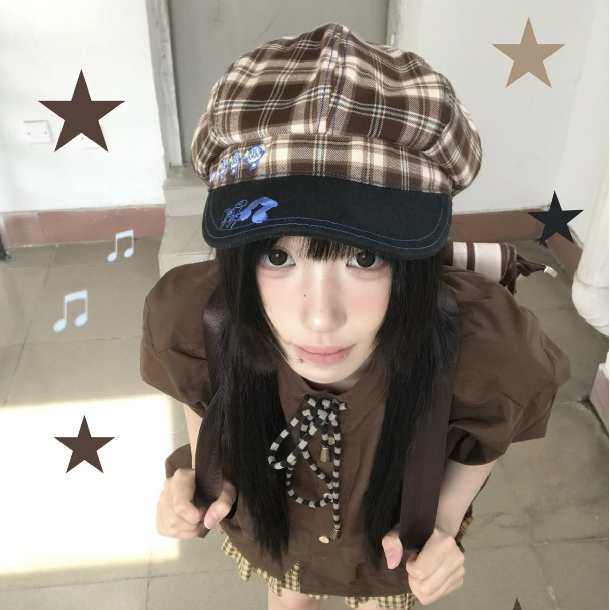 日系复古格子八角帽女春夏y2k亚比风小众设计贝雷帽辣妹画家帽子