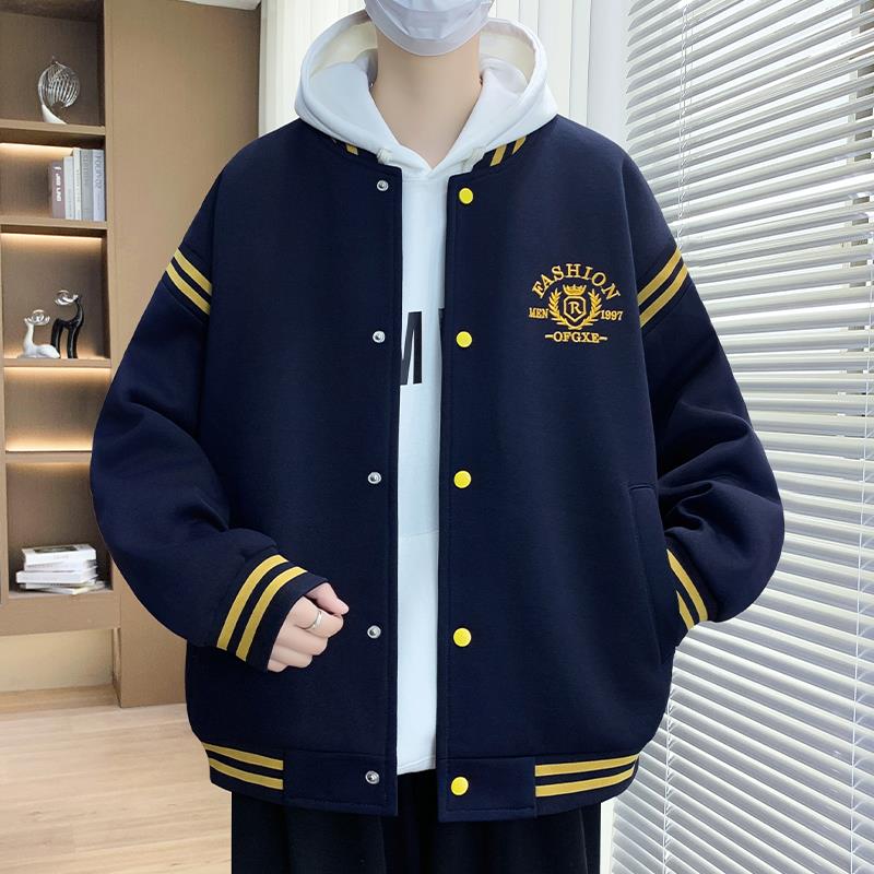 棒球服外套男休闲百搭美式潮牌加绒秋冬夹克青少年宽松加厚男装