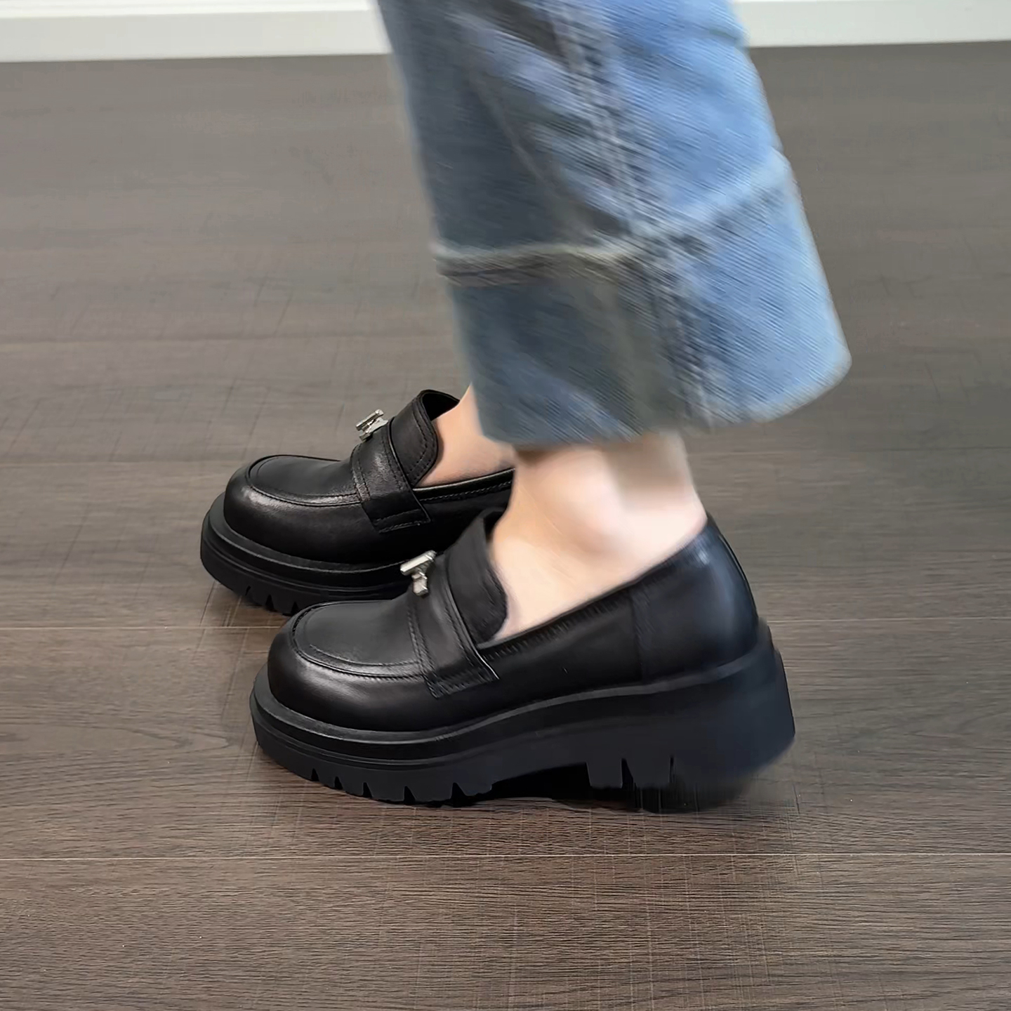 5cm/2644牛皮厚底增高单鞋深口一脚蹬女鞋乐福鞋休闲英伦风