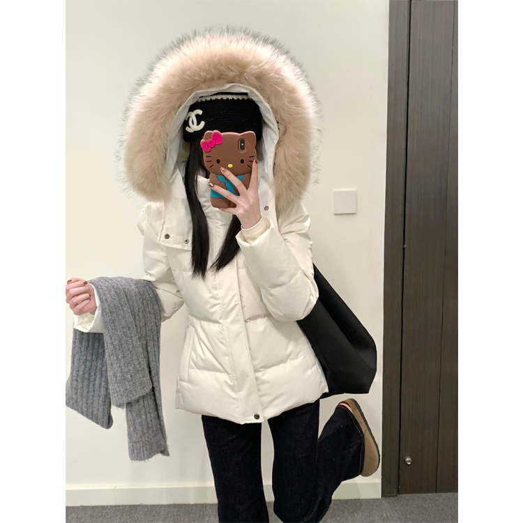 白色收腰羽绒服女冬季2025年韩系修身显瘦连帽90白鸭绒面包服外套