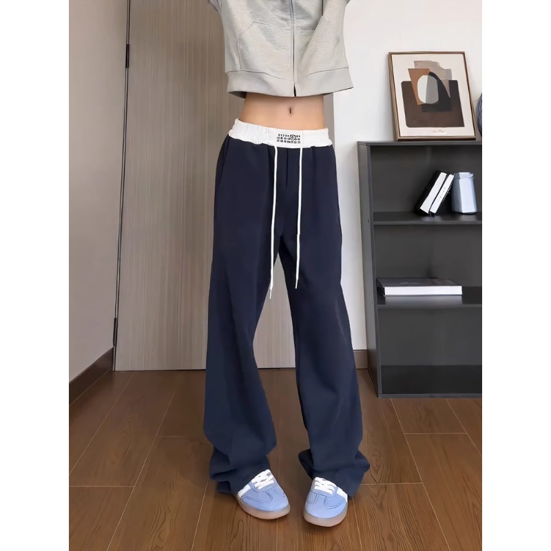 藏青色假两件撞色弯刀卫裤休闲裤男秋季美式cleanfit穿搭直筒裤子