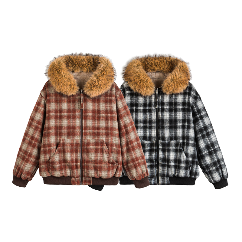 美式格子毛毛领连帽棉服冬季情侣款加厚保暖棉衣休闲棉服潮