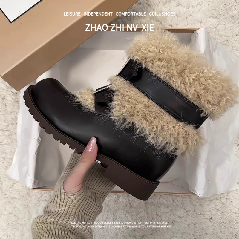 羊皮版~2024年秋冬新款时尚圆头加绒皮带扣粗跟保暖短筒马丁靴女
