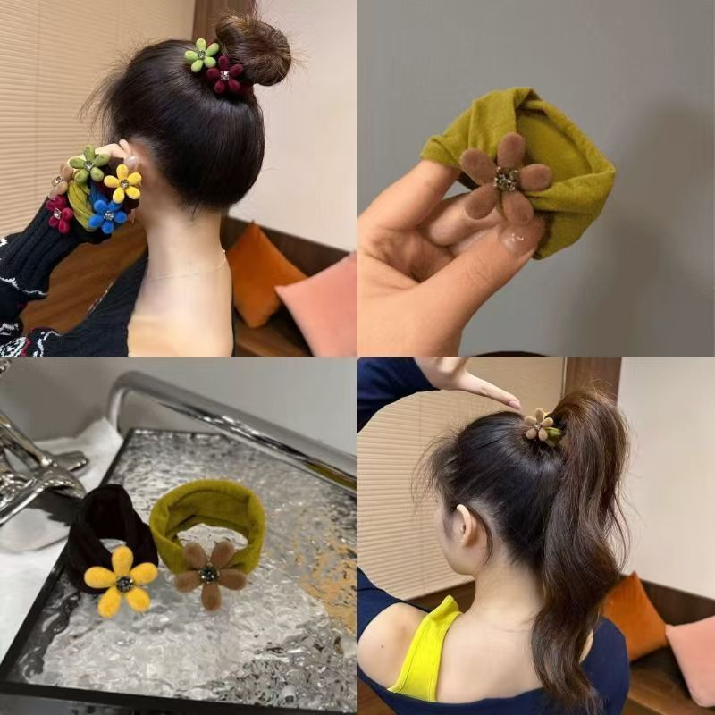 爆款韩国东大门新款秋冬植绒花朵加宽无接缝头绳高级闪钻无痕发圈