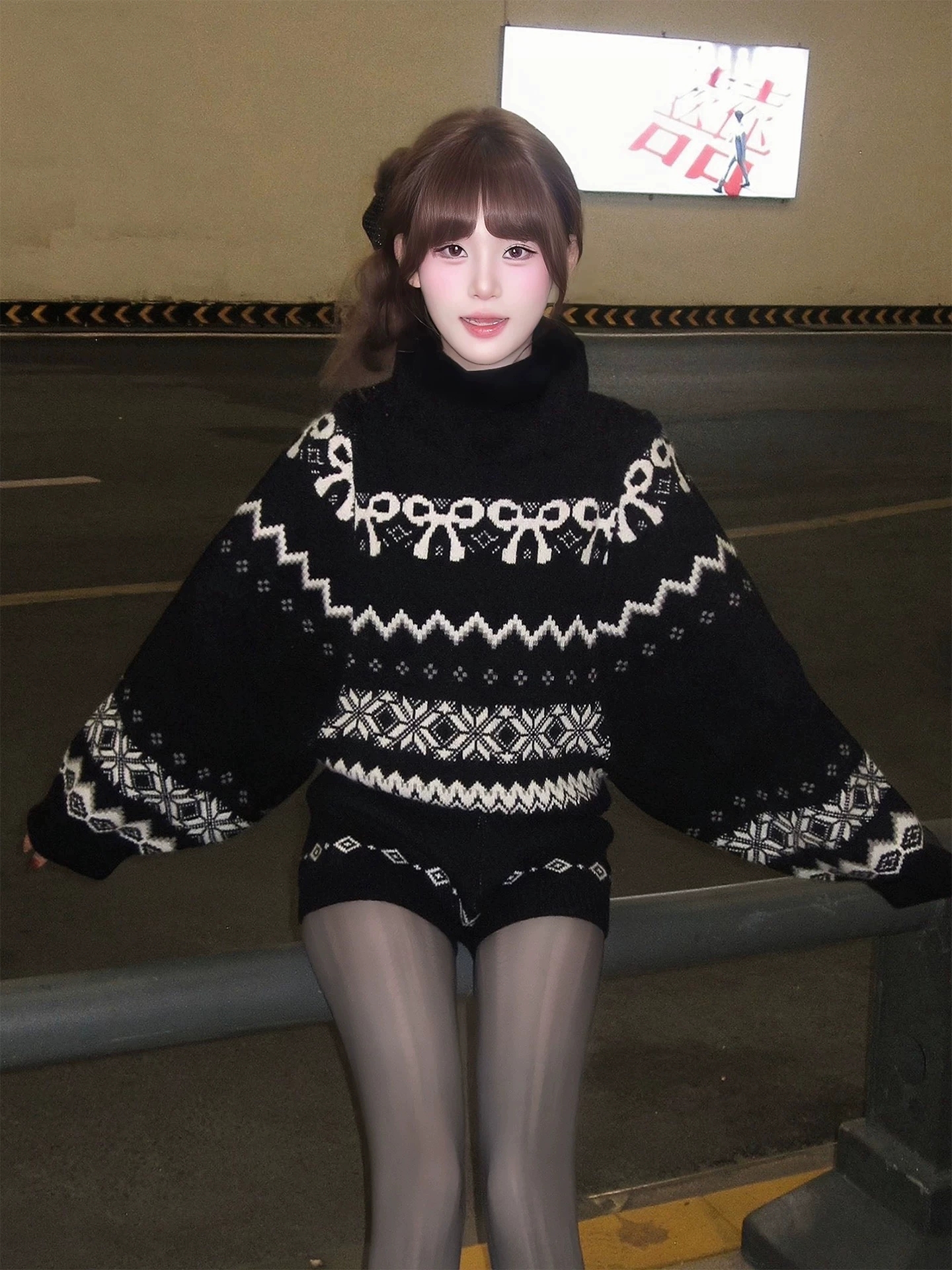 2025秋冬季黑色氛围感费尔岛高领毛衣女宽松慵懒加厚针织短款套装