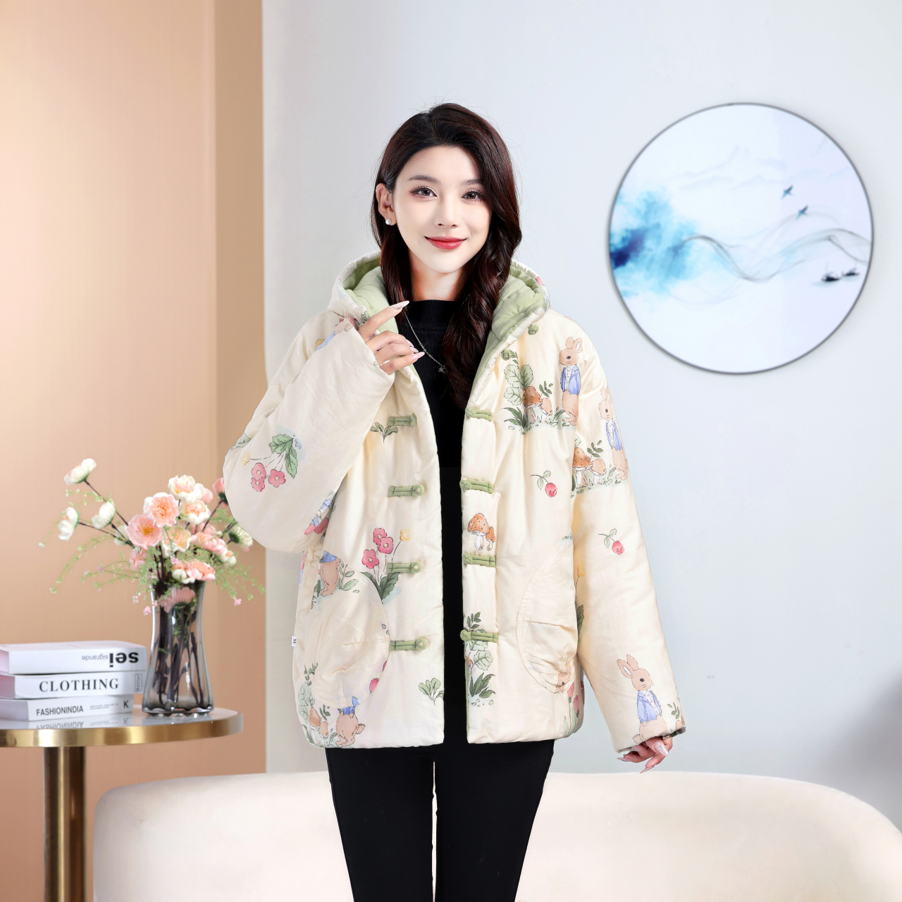 纯棉长绒棉连帽加厚款拼接保暖棉服棉衣复古棉袄加厚女花棉袄