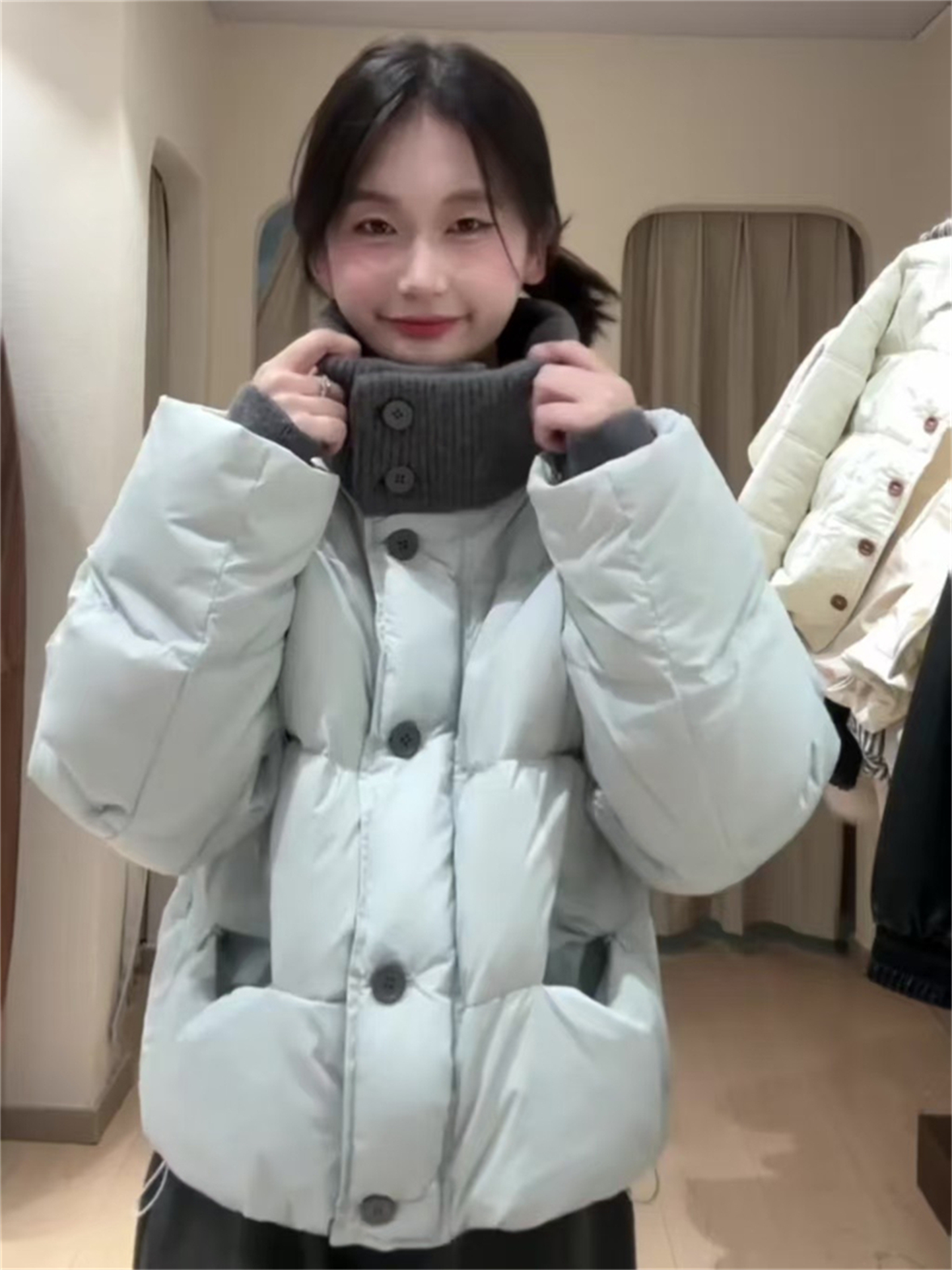 韩版撞色设计感针织拼接立领棉服外套女冬季加厚保暖小个子面包服