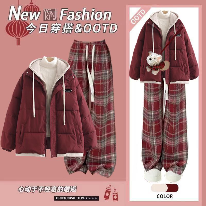 2025冬季套装女学生韩版宽松新年假两件棉服+加绒格子裤两件套