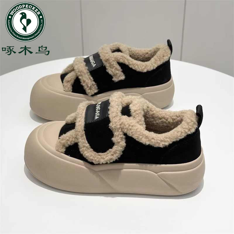 啄木鸟松糕底魔术贴棉鞋女冬加绒加厚2025冬季新款乐福鞋面包鞋潮