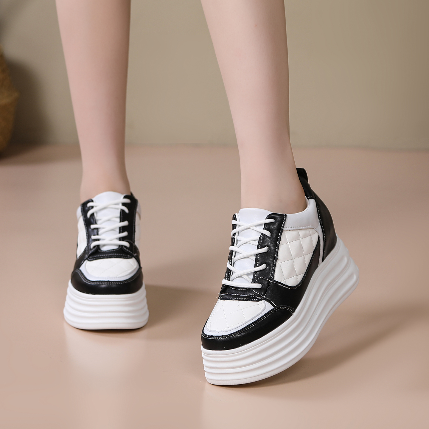 【8CM】厚底内增高小白鞋秋冬新款女士高跟鞋时尚百搭韩版休闲女鞋