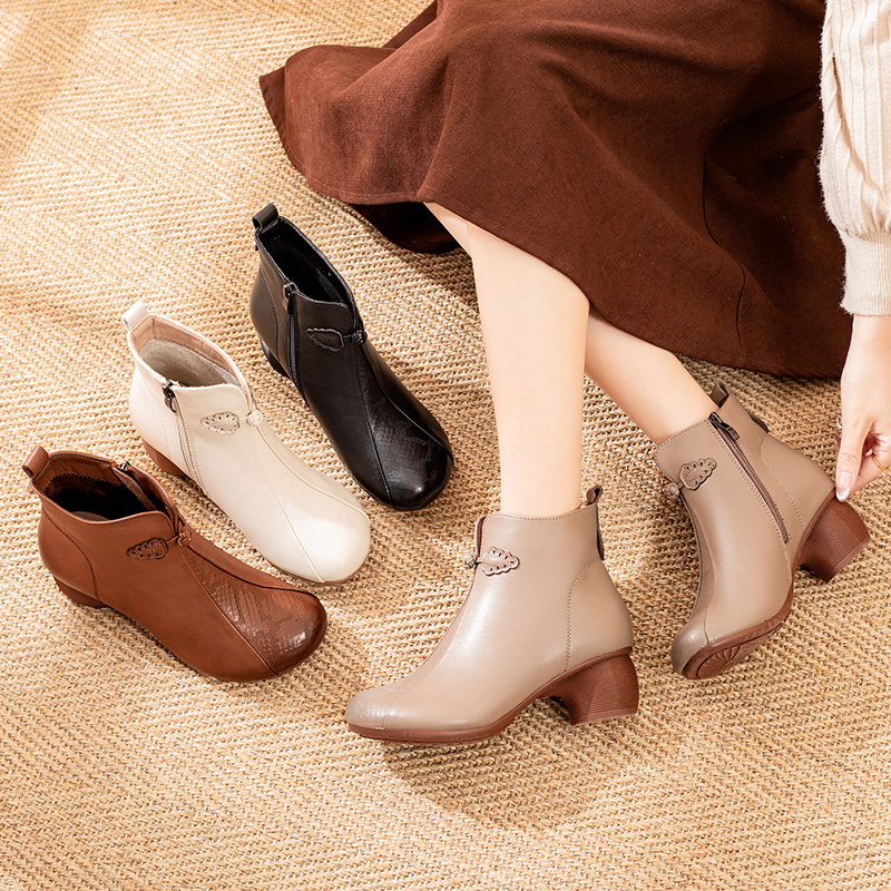 23868+2舒适防滑耐磨粗跟圆头中筒软底复古时尚百搭拉链短靴