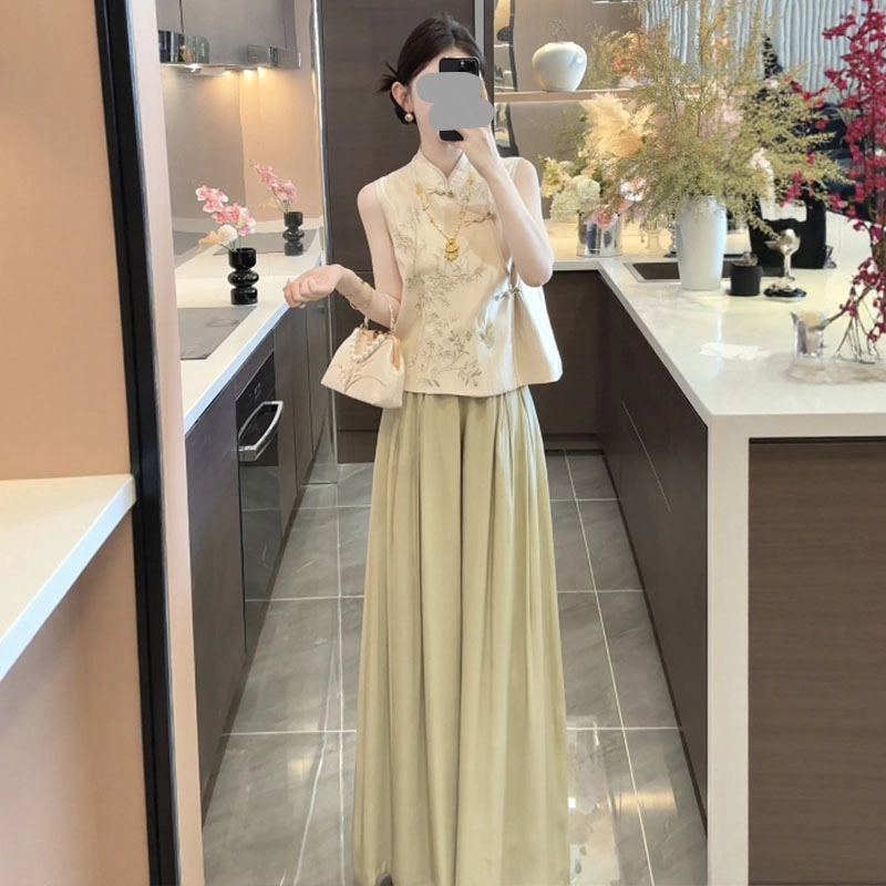 新中式国风套装女立领盘扣刺绣上衣一整套ootd穿搭新款显瘦休闲裤