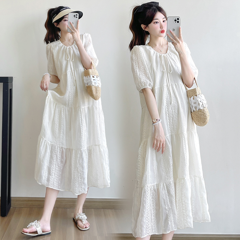 孕妇装夏装2025新款韩版简约时尚洋气宽松裙子夏季大码刺绣连衣裙