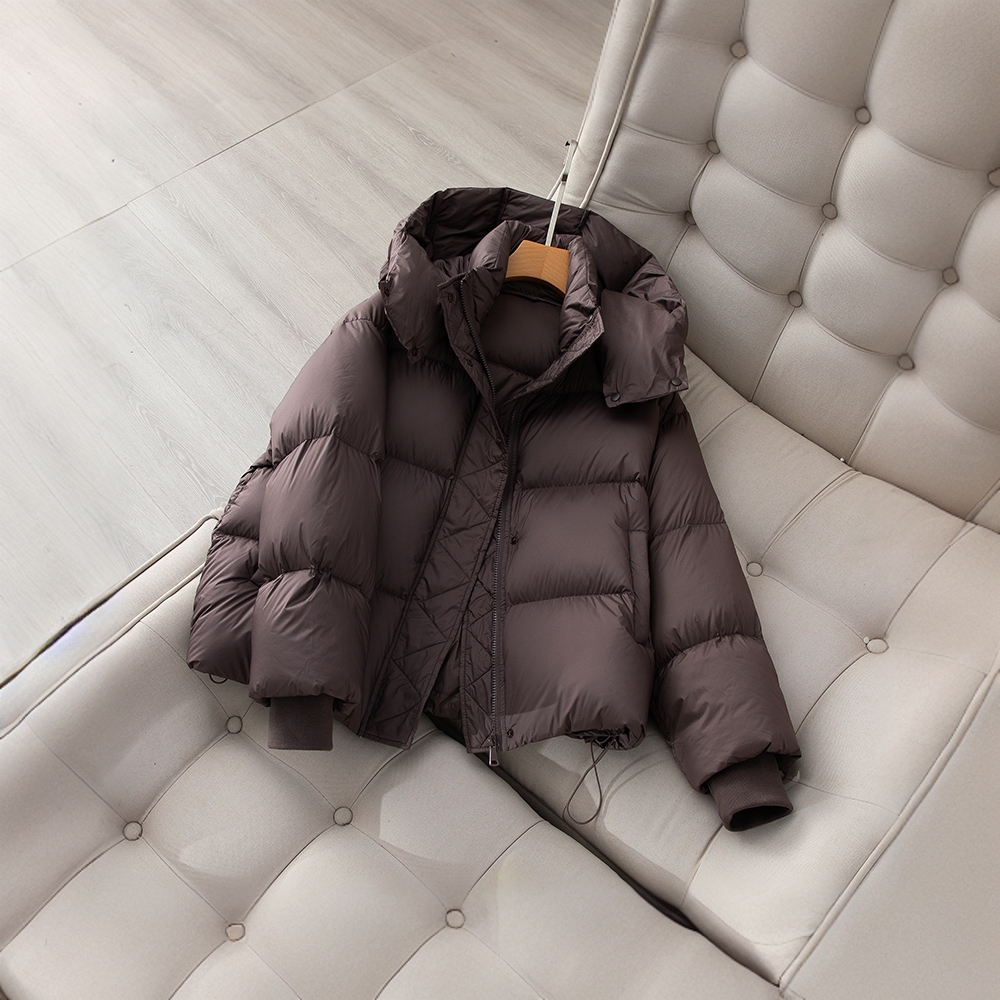 咖色连帽羽绒服女2025冬季新款小个子短款加厚云朵90白鸭绒面包服