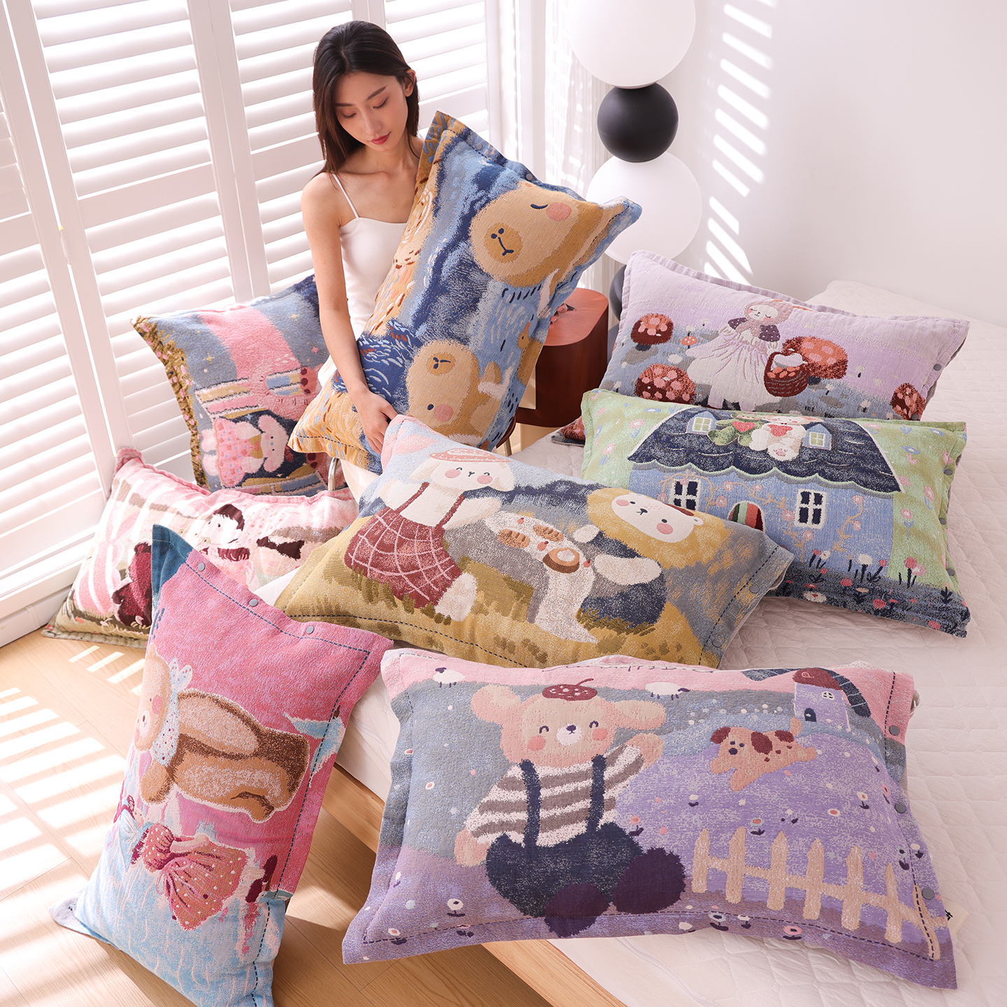 新款100%纯棉纱布按扣式枕套一对提花全棉透气吸汗卡通枕头内胆套