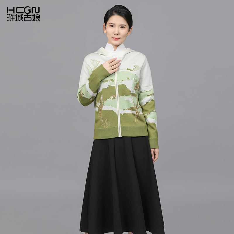 绵羊毛新款中国风短款拉链带帽女气质玉兰春提花毛织开衫-16D2382