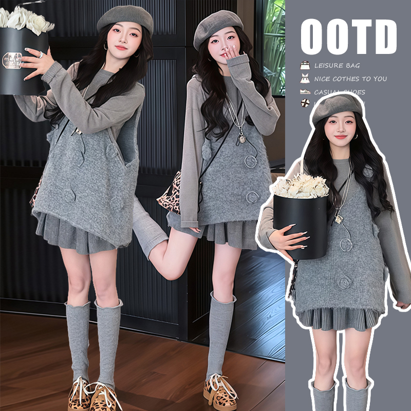 孕妇装秋冬新款超火穿搭一整套韩版花朵马甲打底衫高腰短裙三件套