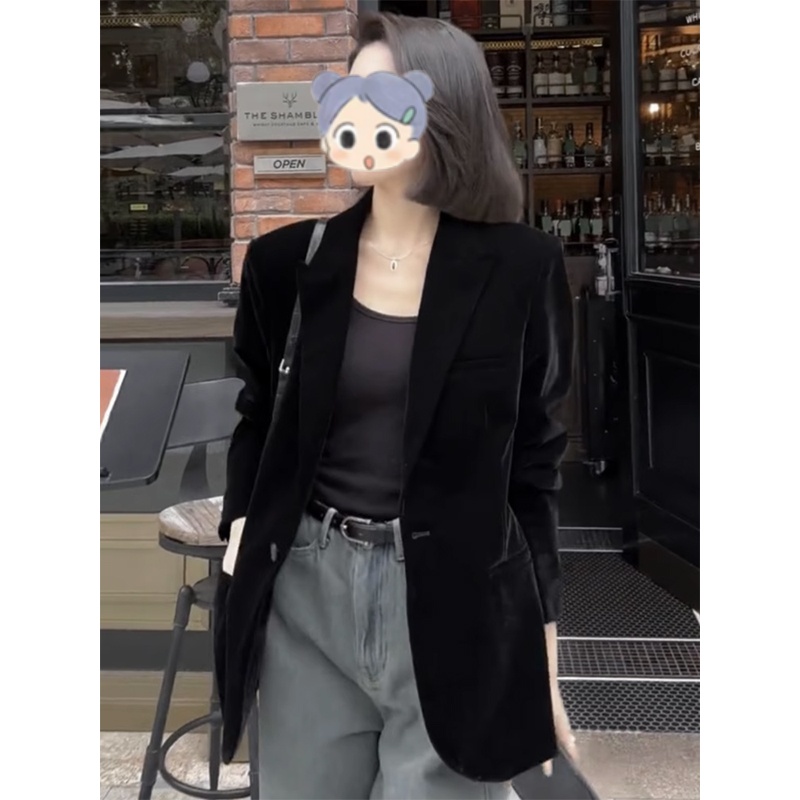 高级感炸街黑色丝绒西装外套女春秋显瘦气质女神范小个子西服上衣