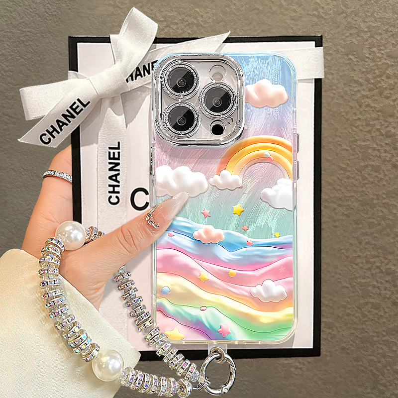 彩虹云手链适用苹果15vivo华为oppo小米iPhone16精孔羽纱纹手机壳