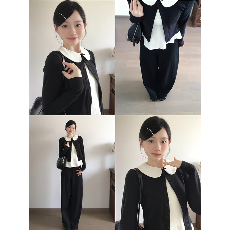 韩系减龄洋气针织开衫娃娃领黑色背心上衣高腰显瘦气质阔腿裤套装