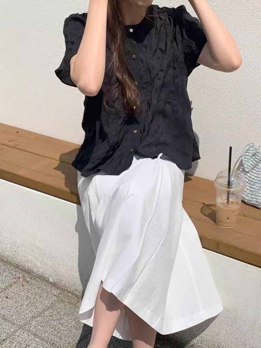 泡菜 VENIR 2025新款褶皱显瘦金扣波纹衬衫上衣女