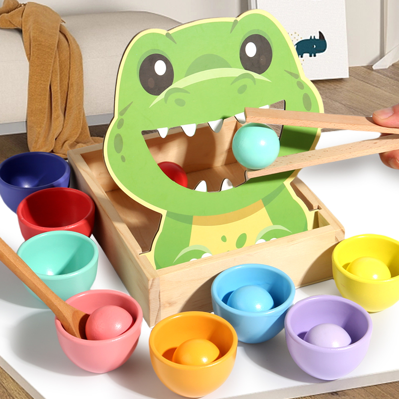 蒙氏早教亲子过家家仿真木盒恐龙喂食游戏幼儿童精细动作训练玩具