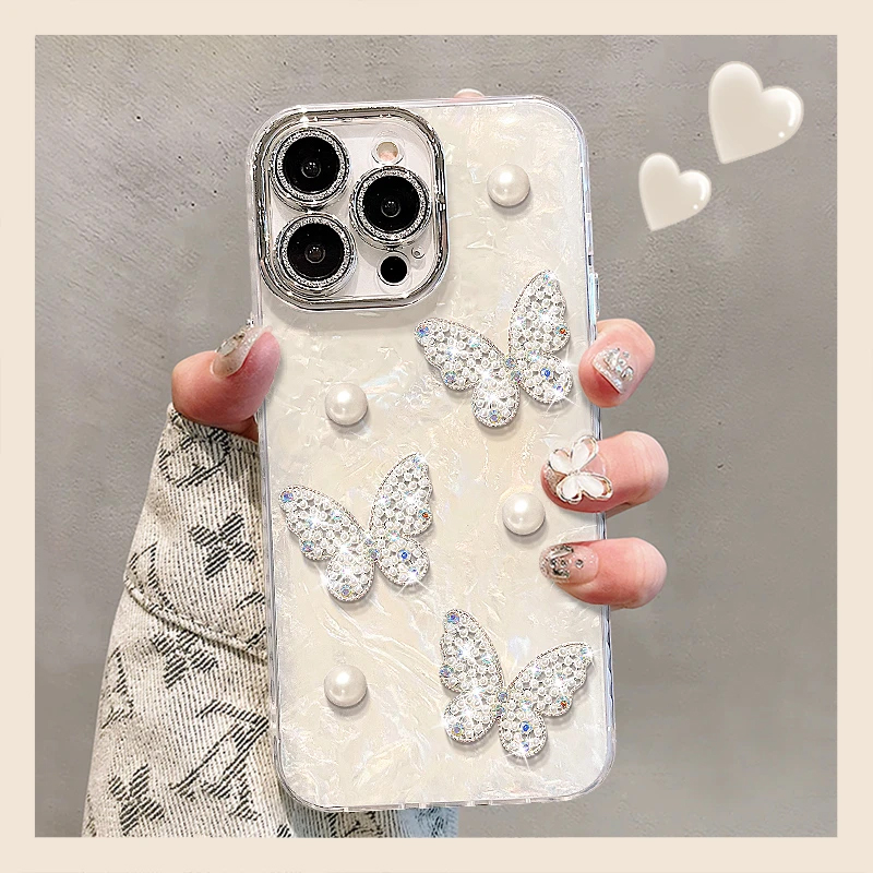 珍珠蝴蝶手机壳适用于苹果16promax高级感流行12/14新款贝壳纹15