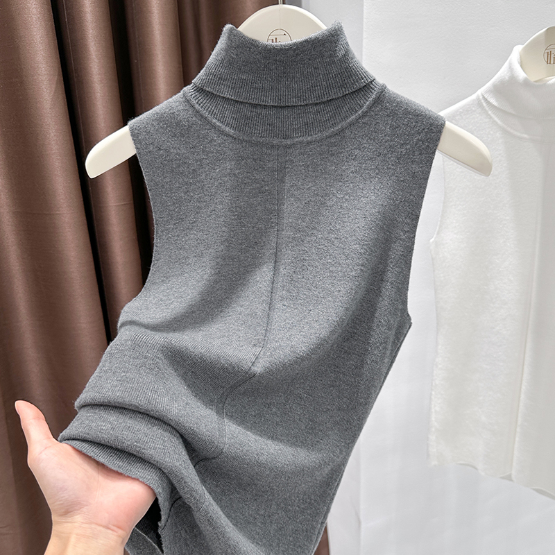 2025秋季新款时尚百搭薄款针织T恤修身显瘦无袖高领打底背心上衣