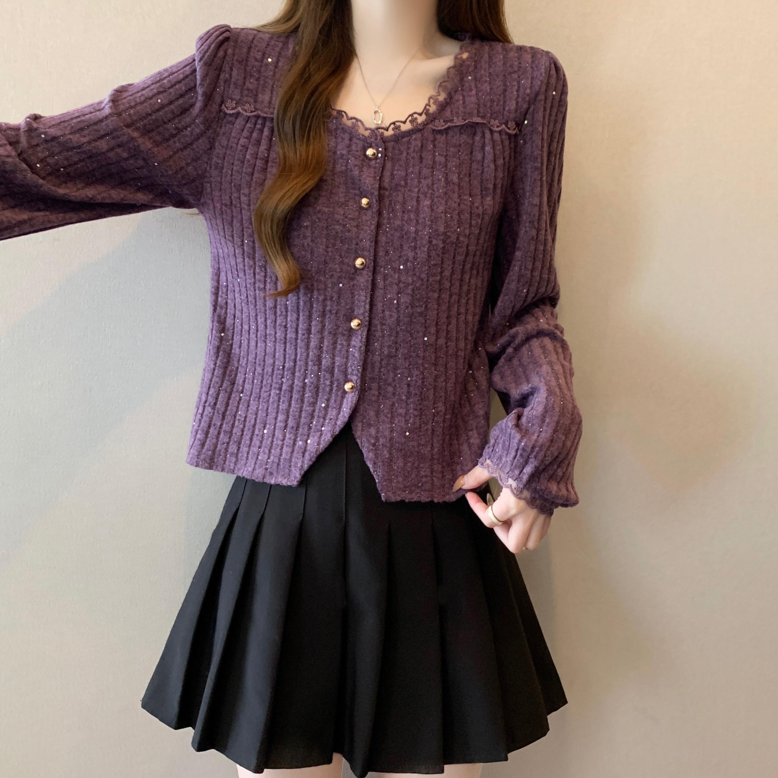 蕾丝V领紫色针织衫女2025早春新款大码微胖mm洋气小衫超好看上衣